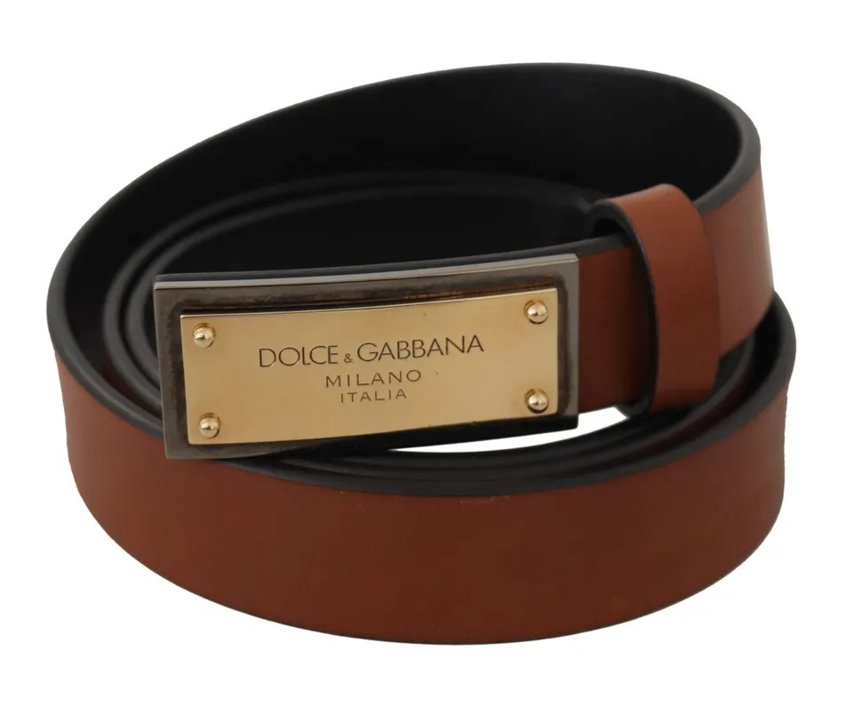 

Коричневый кожаный ремень с металлической пряжкой и золотым логотипом Dolce & Gabbana