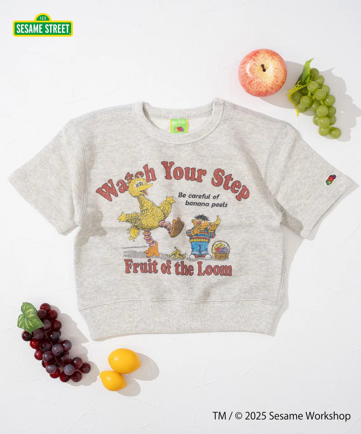 Полурукавный свитшот Fruit of the Loom коллаборация с Sesame Street, Биг Бёрд и Эрни, детский, серый меланж