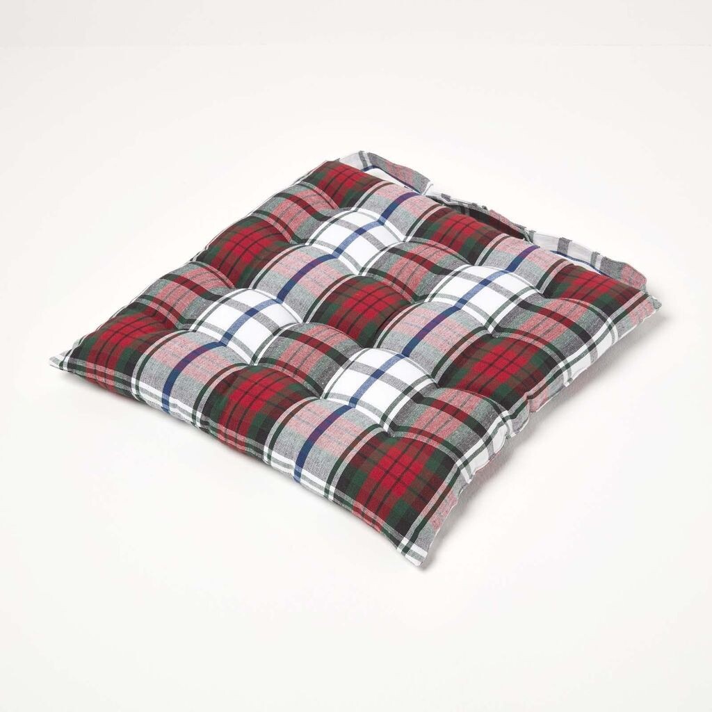 

HOMESCAPES Подушка на сиденье из 100% хлопка 40 x 40 см, тартан Macduff Tartan, красный