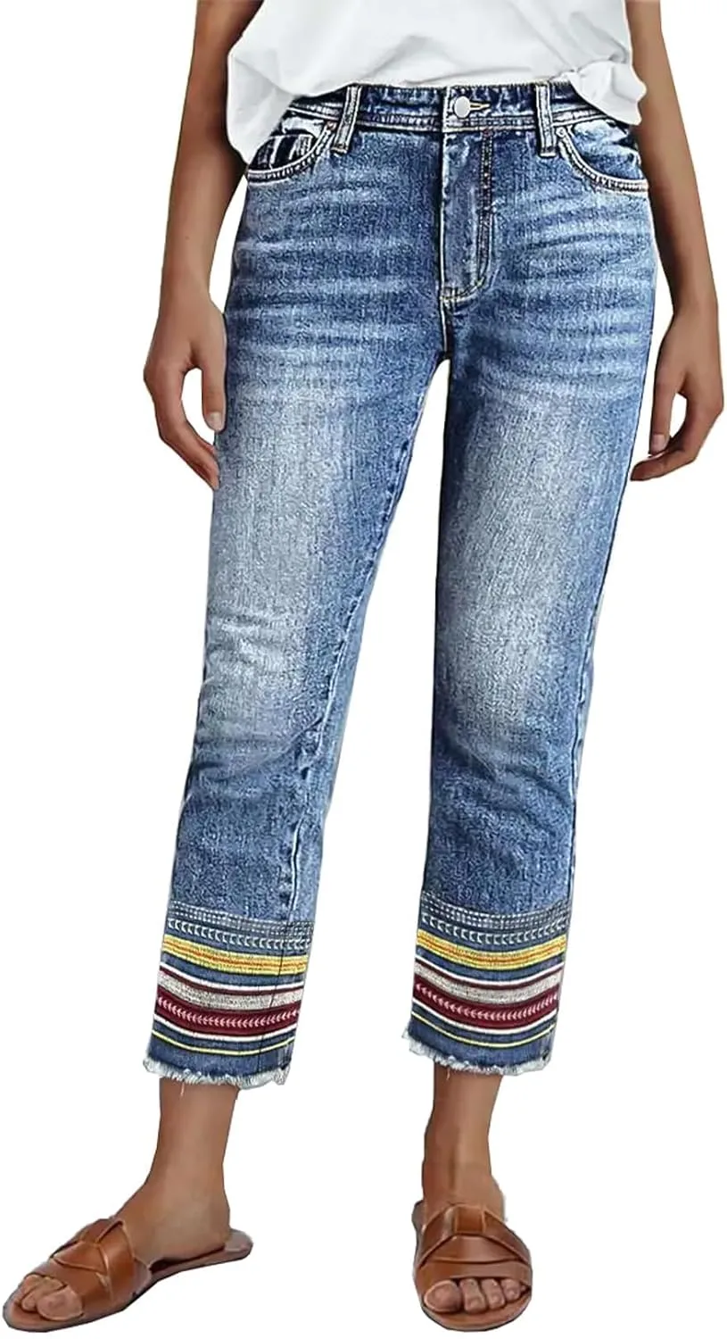 

Женские джинсы Mid Rise Boyfriend, светлая стирка, с разноцветной вышивкой на подвернутых штанинах