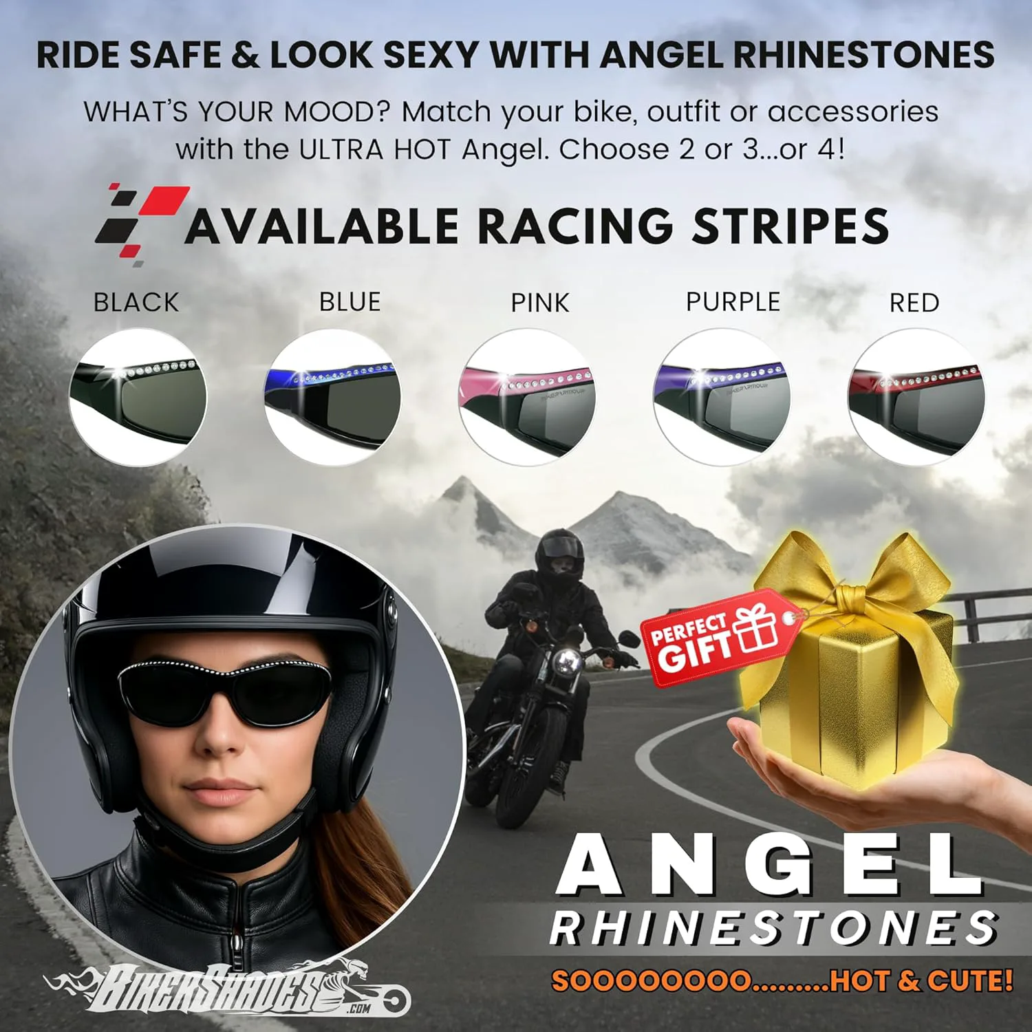 

Женские мотоочки Bikershades со стразами, цвет желтый, дымчатые/прозрачные. Защита от ветра и пыли, мягкая подкладка. Комплект: Black Smoke + Clear + Yellow