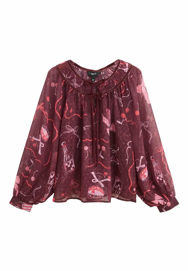 Блузка прямого кроя с длинными рукавами Next, Burgundy Red Pink Festive Bow Print
