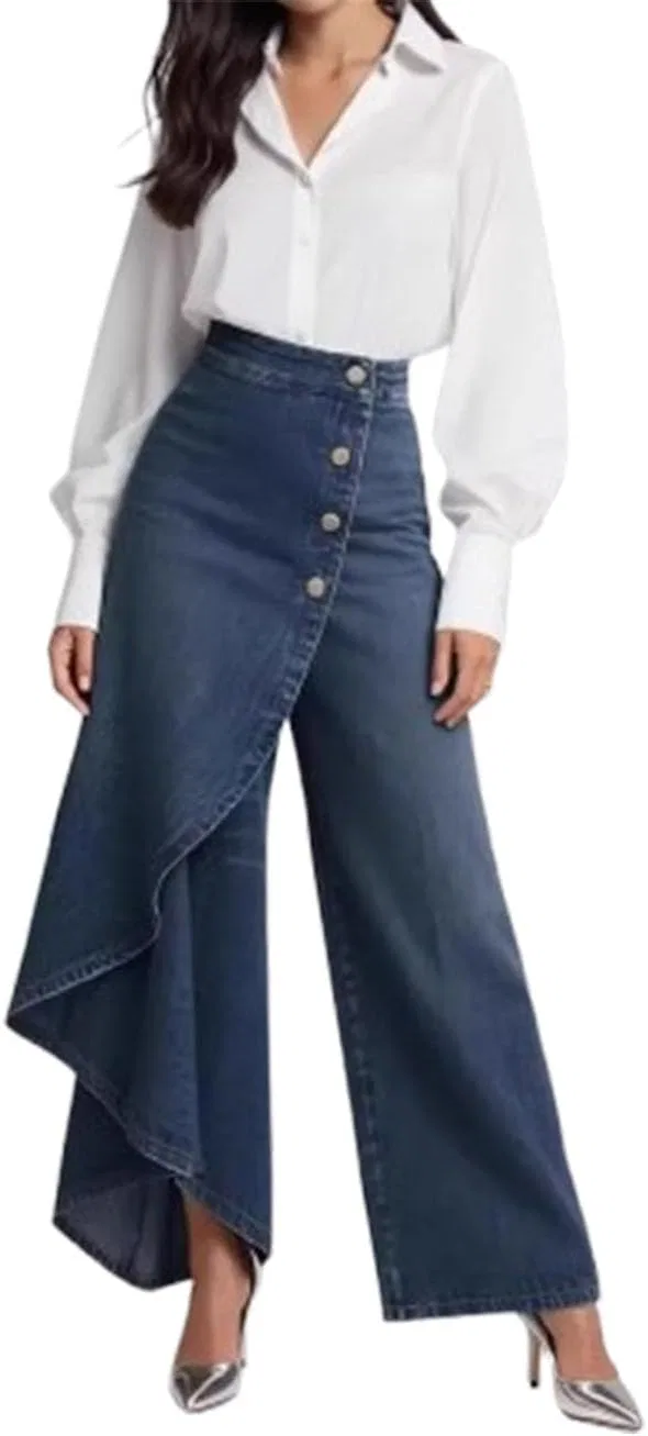 Джинсы широкие с запахом, Women's Asymmetrical wrap-Around Wide-Leg Jeans, Dark Blue
