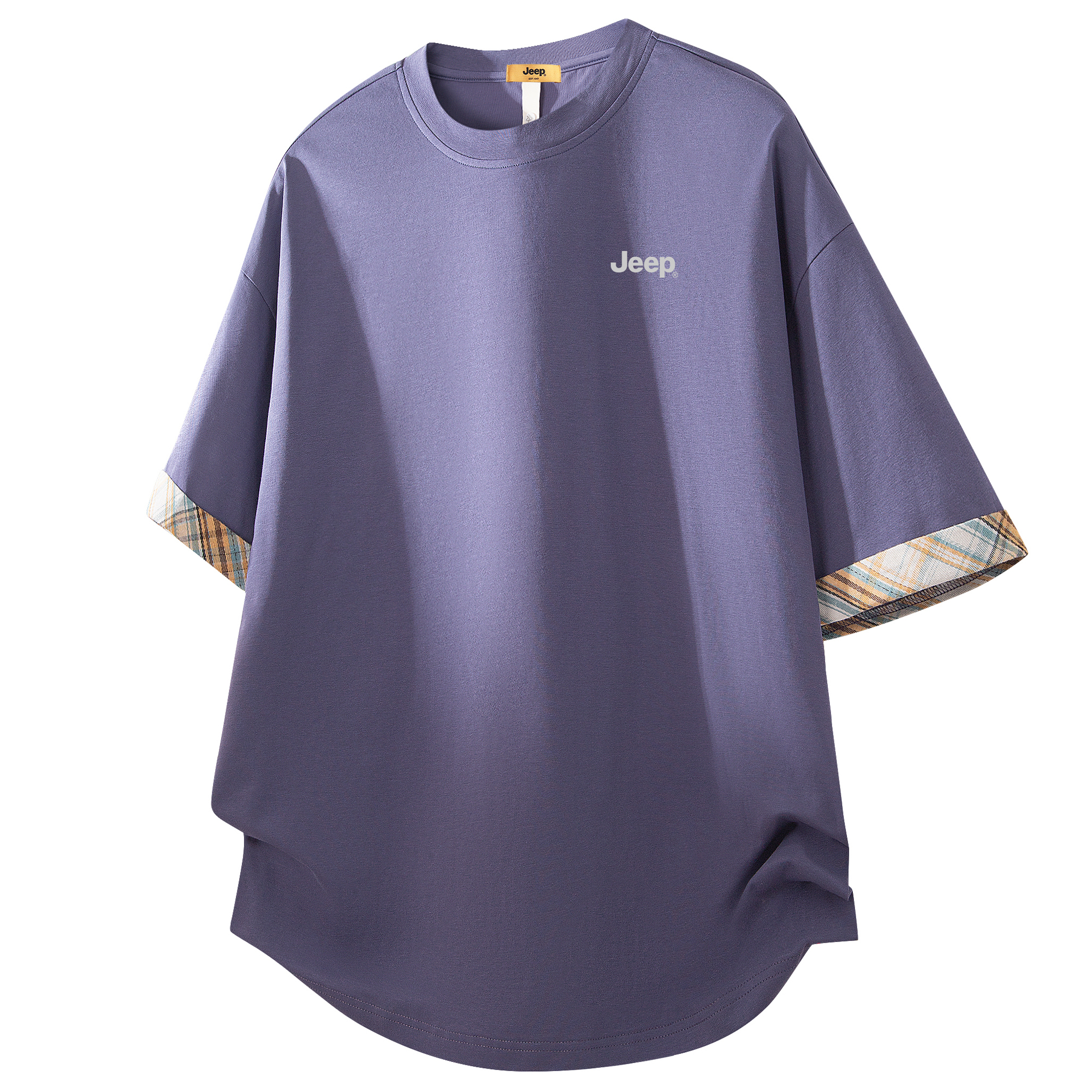 

Футболка Unisex Crew Neck тонкая прямая посадка Jeep, фиолетовый+оранжевый синий plaid
