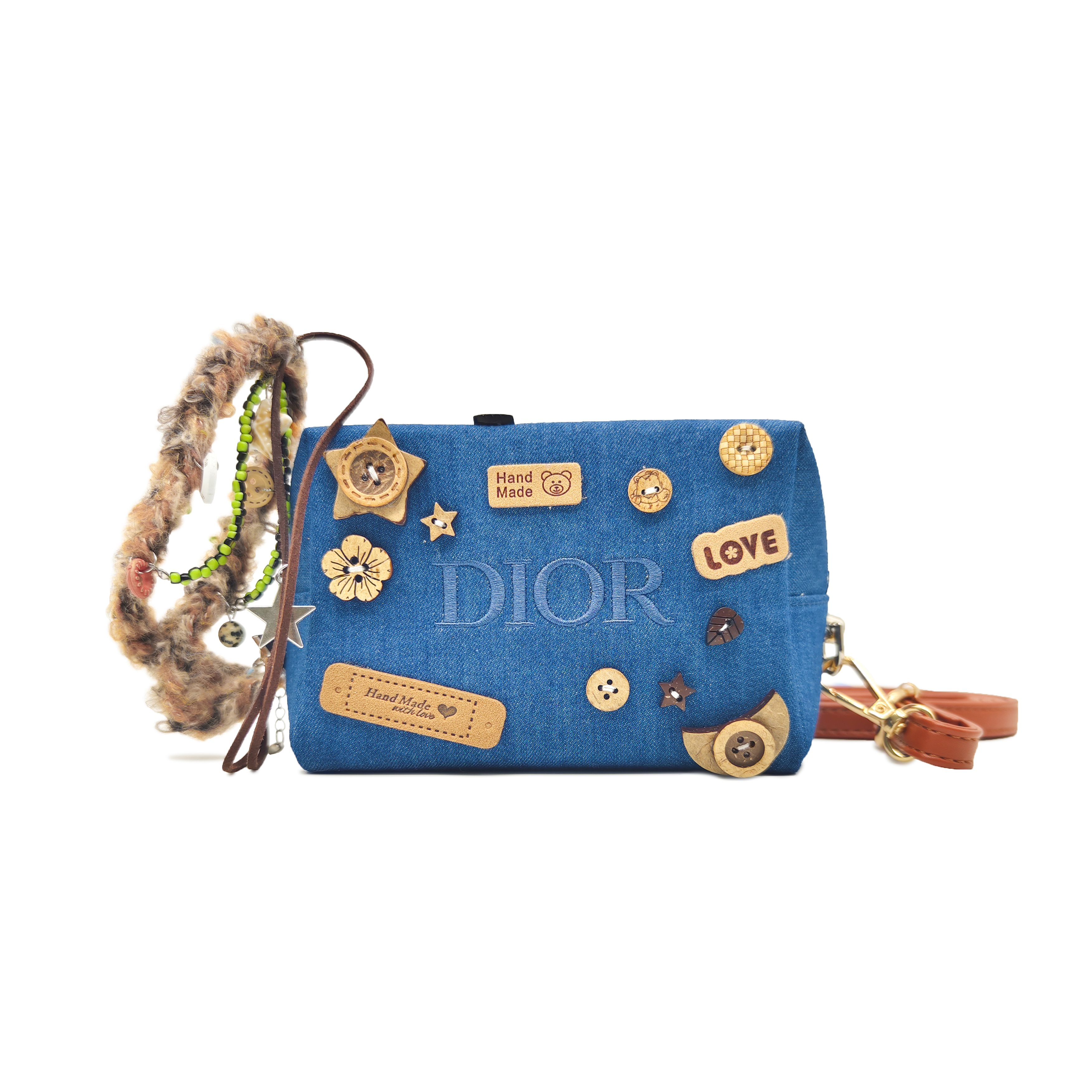 

DIOR Косметичка YXYY Blue Embroidered Heartfelt Words, Emotional Rhythms, элегантная винтажная, с пуговицами, из голубого денима