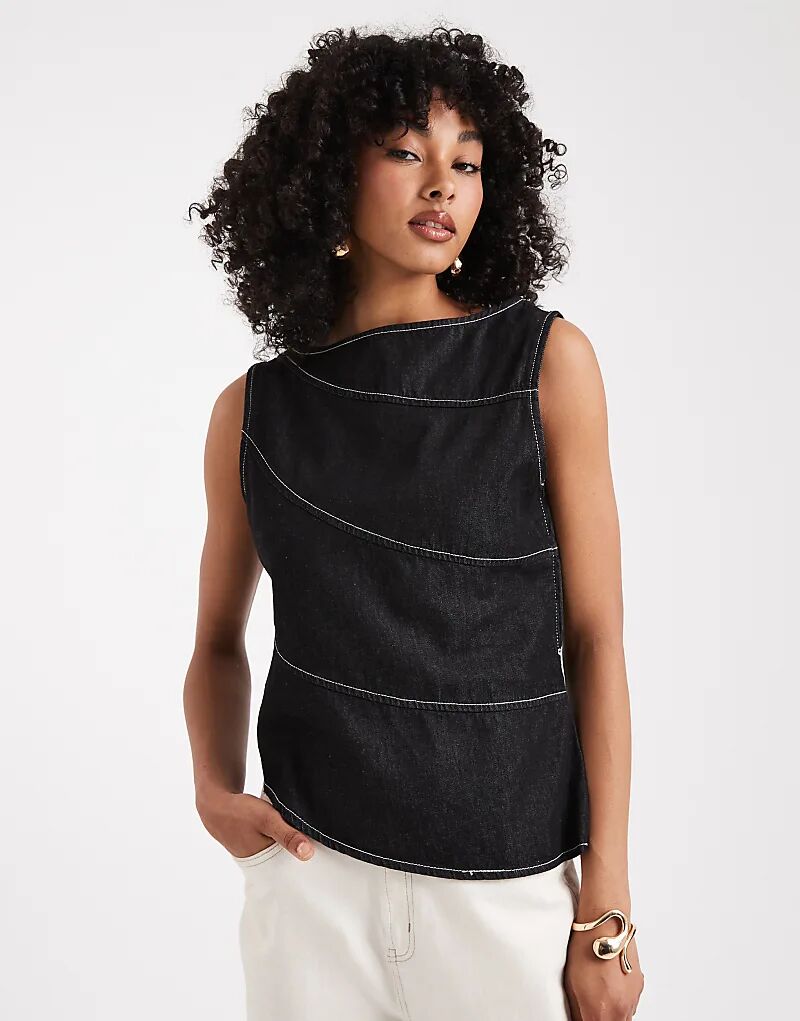 

Асимметричный джинсовый топ ASOS DESIGN с открытыми швами черного/бежевого цвета