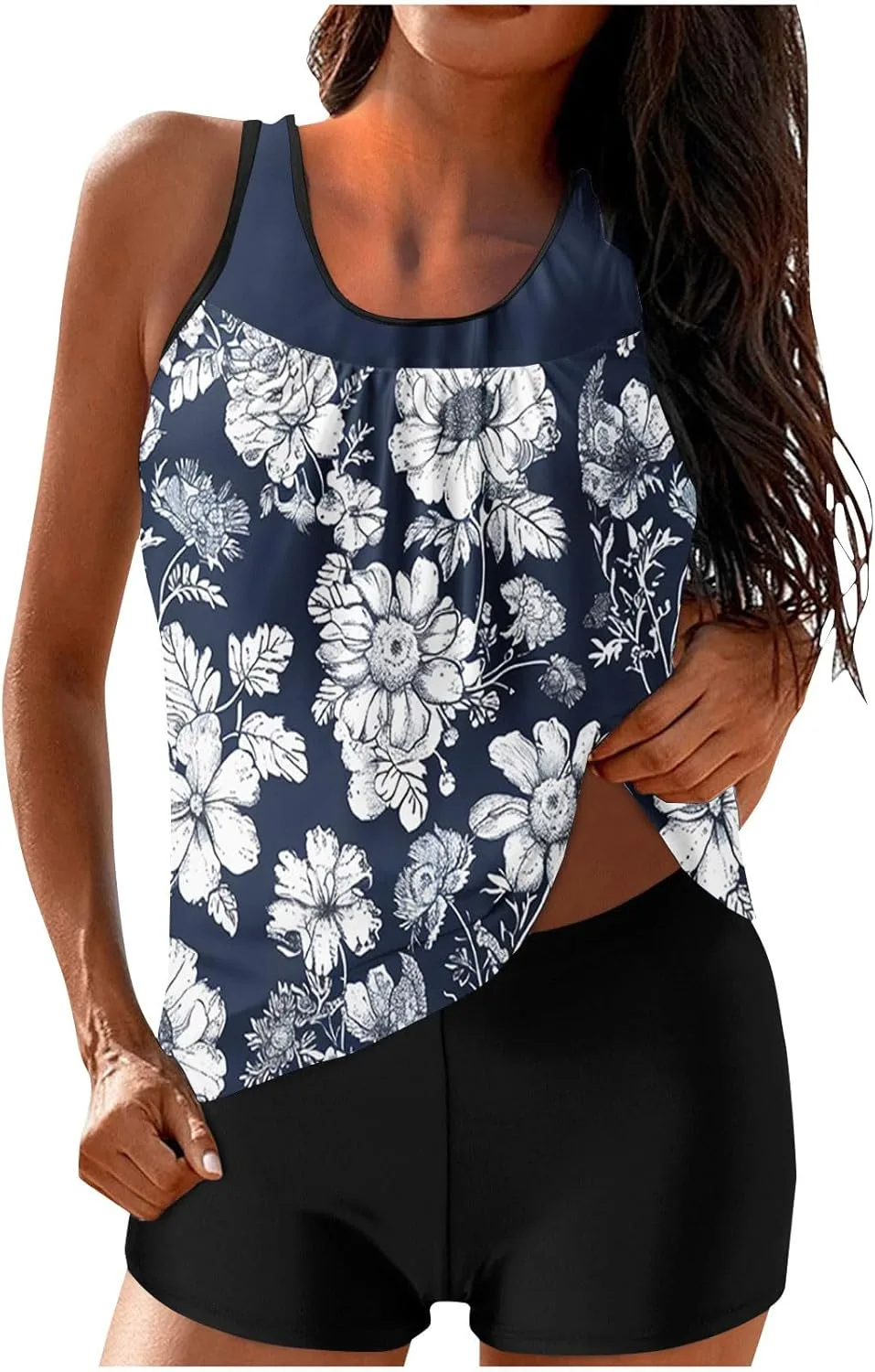 

Танкини для женщин с шортами, контроль живота, цветочный принт, 2 предмета
