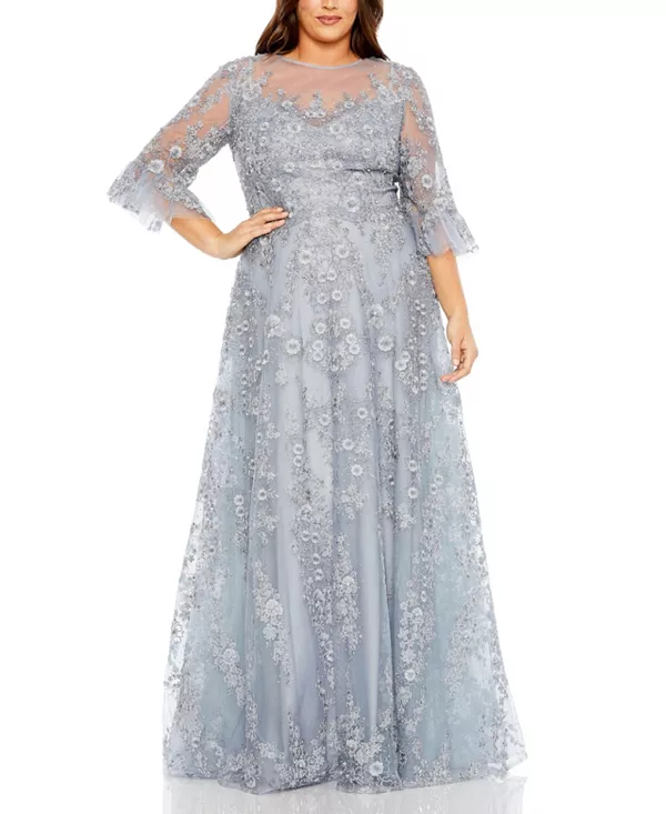 

Платье А-силуэта с высоким воротником, рукавами-крылышками и декоративной отделкой Mac Duggal, серебряный