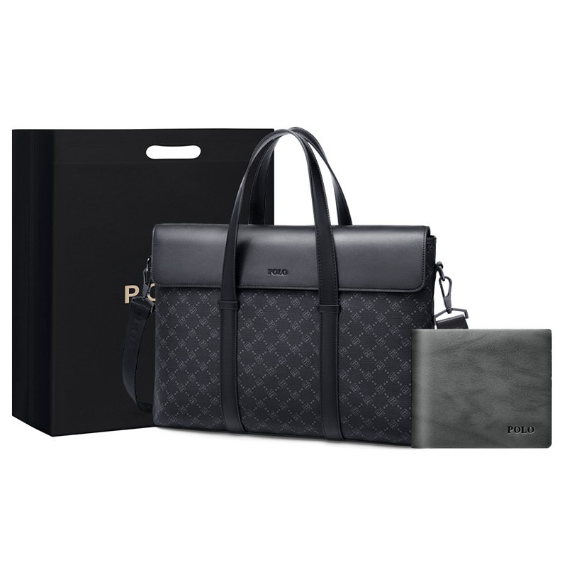 

POLO Кожаный портфель из ПВХ большого размера мужской черный, Dark Gray 1+Wallet