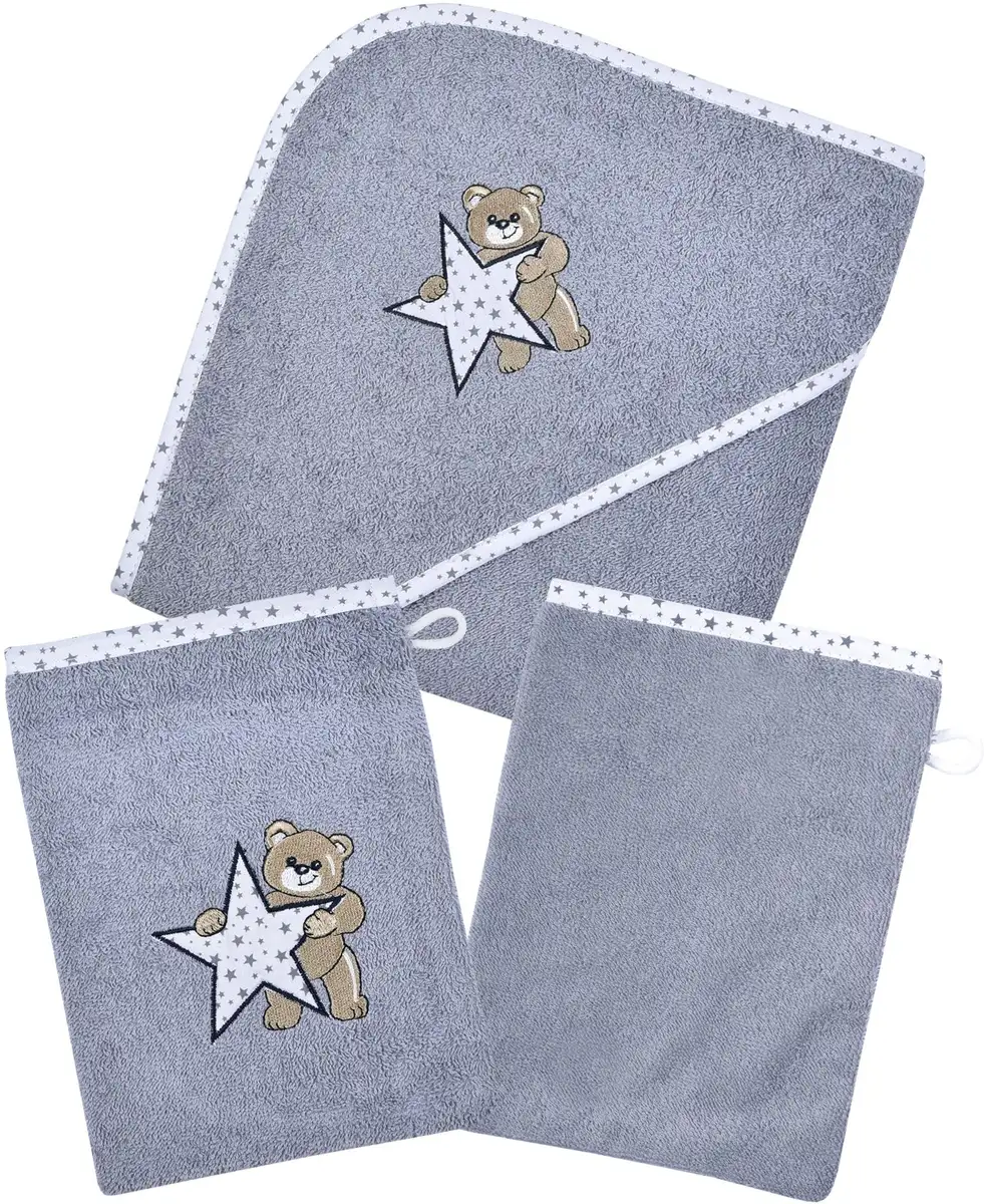 

Набор полотенец Wörner "Полотенце с капюшоном Teddy/Star и 2 мочалки" (экономный набор, 3 шт.), с милой плюшевой вышивкой (3 шт.), серый