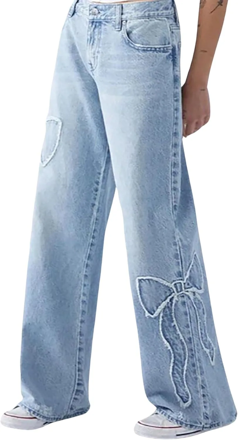 

CORIRESHA Женские джинсы с бантом Straight Leg Casual Baggy Y2K