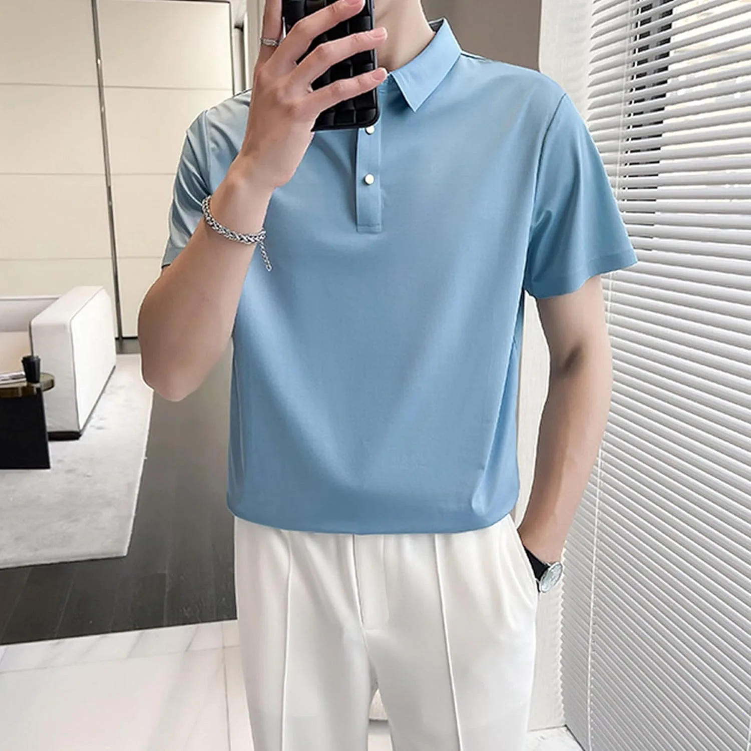 Мужская рубашка с лацканом и пуговицами Ice Silk, короткий рукав, Casual, однотонная — фото 2