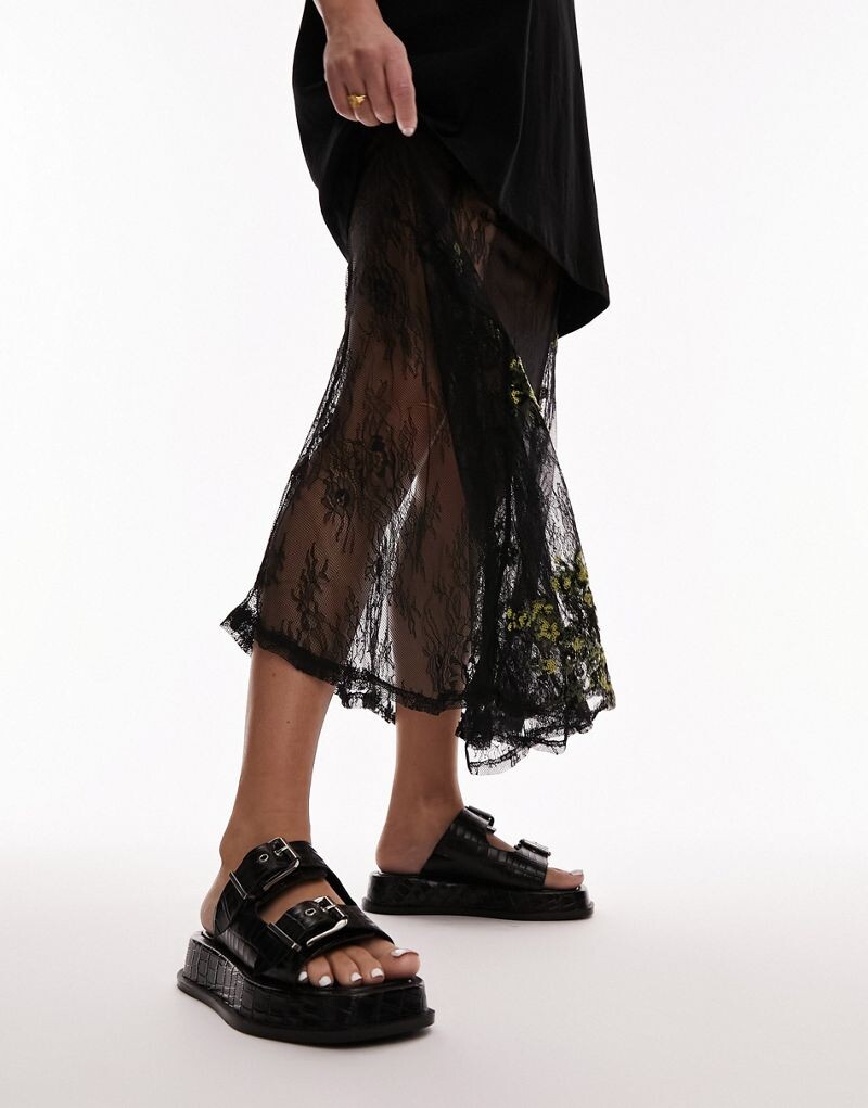 

Topshop - Katie - Черные босоножки из кожи с эффектом крокодила на массивной подошве