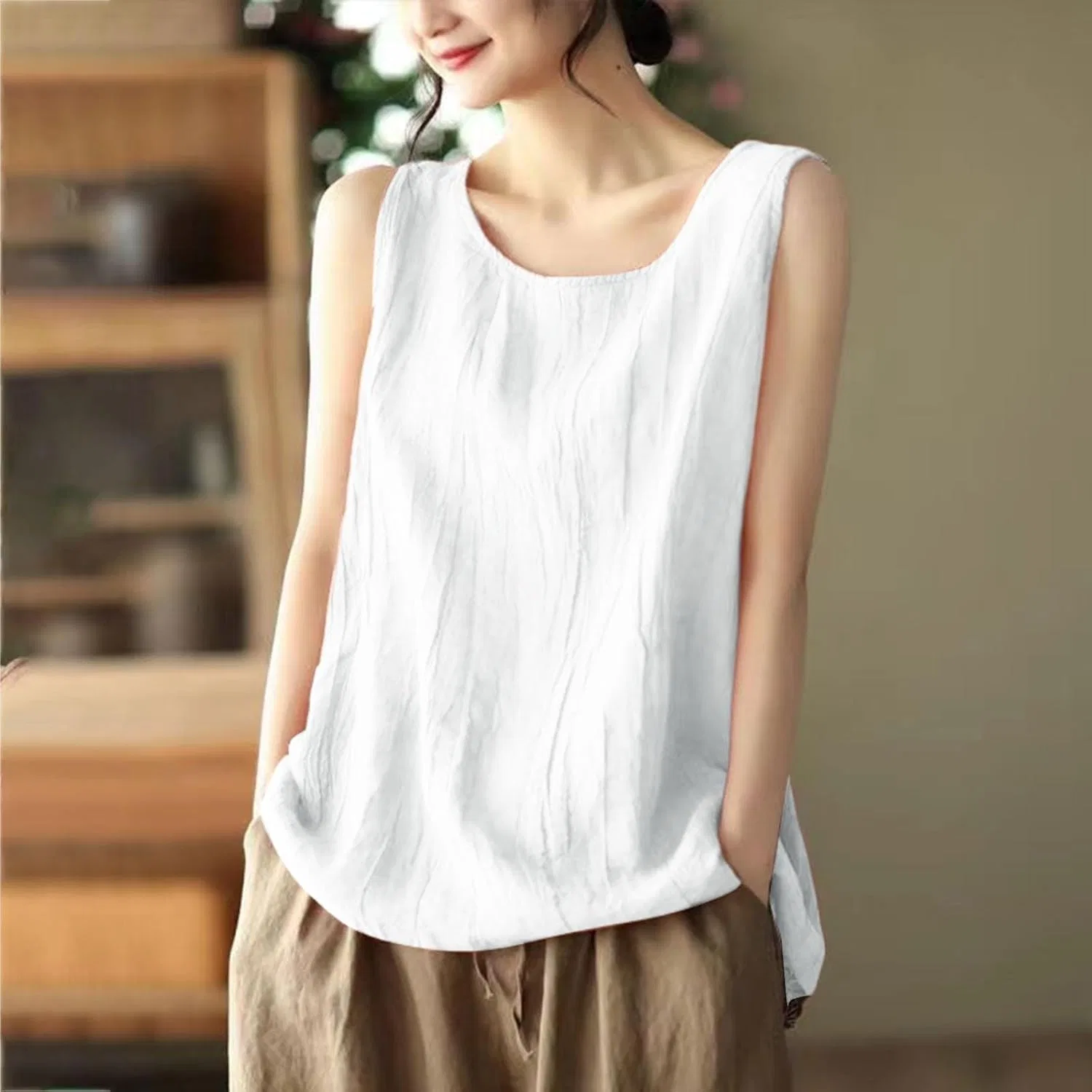 Топ Camisole, женский, из хлопка и льна, большие размеры, белый — фото 2