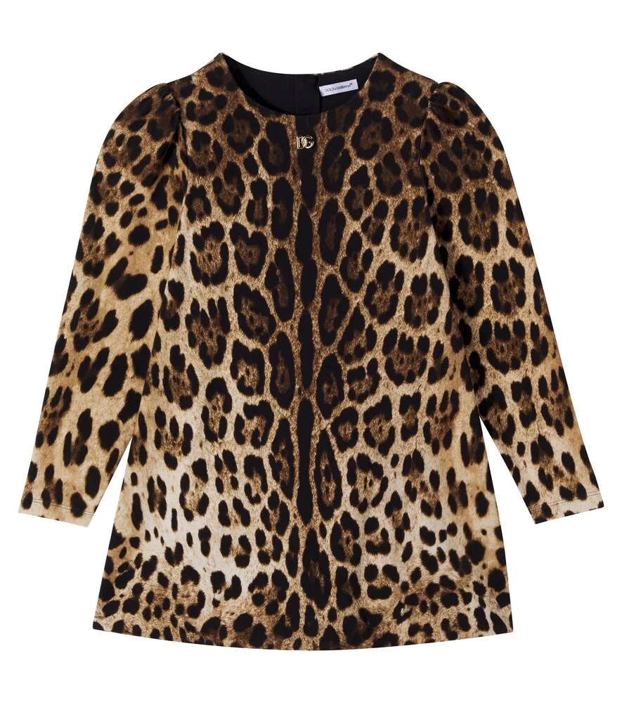 Платье DG из хлопковой смеси с леопардовым принтом Dolce&Gabbana Kids, коричневый