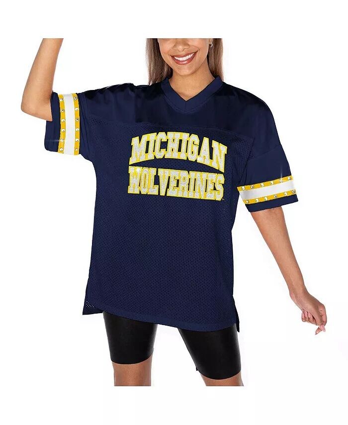 

Женская футболка Navy Michigan Wolverines Until Kickoff со стразами Gameday Couture