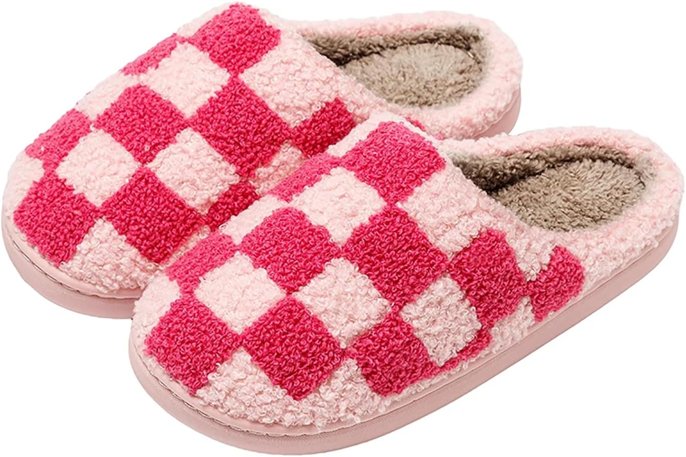 

Женские и мужские пушистые шлепанцы QQGB в клетку с памучной вставкой для дома и улицы - теплые мягкие уютные тапочки для пары, красный