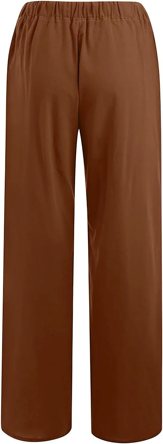 Женские широкие брюки палаццо из хлопка и льна, с карманами, A02_brown — фото 3
