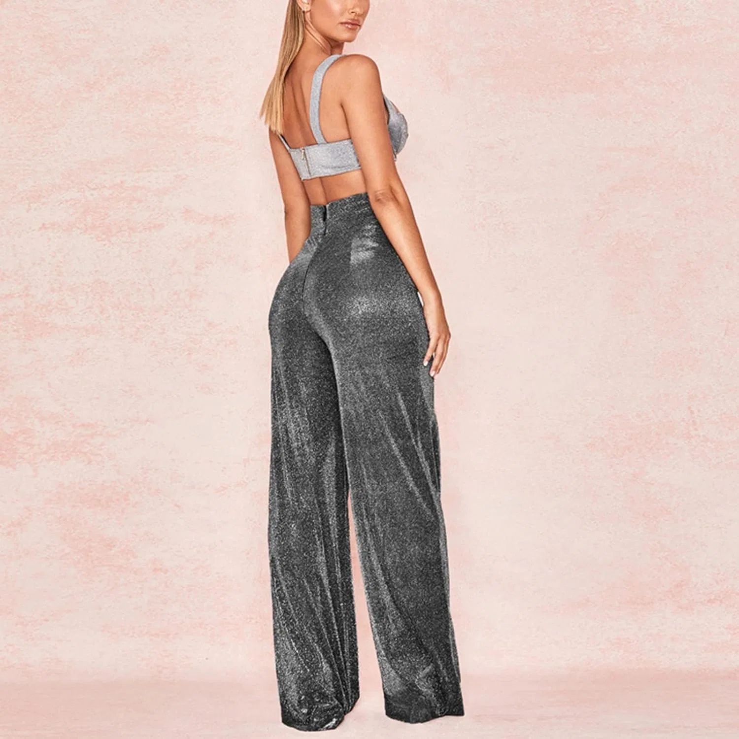 Женские широкие брюки Casual, высокая посадка, эластичные палаццо с блеском, расклешенные для клуба Generic, бронзовый — фото 3