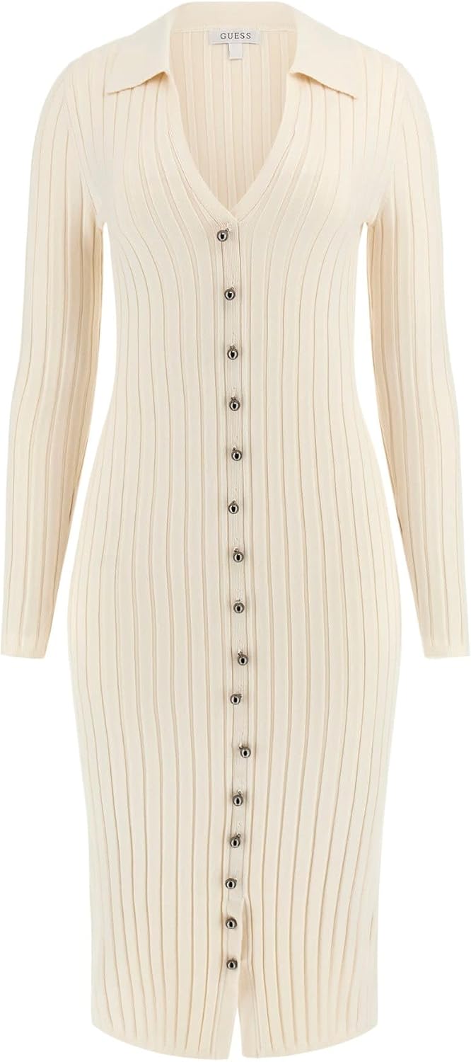 

GUESS Женское эко-платье-свитер с длинным рукавом, V-образным вырезом и резинкой Miranda, Dove White