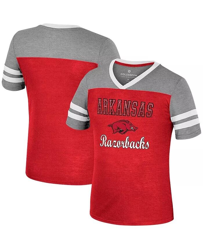 

Футболка Big Girls Cardinal, Heather Grey Arkansas Razorbacks Summer Striped с V-образным вырезом Colosseum