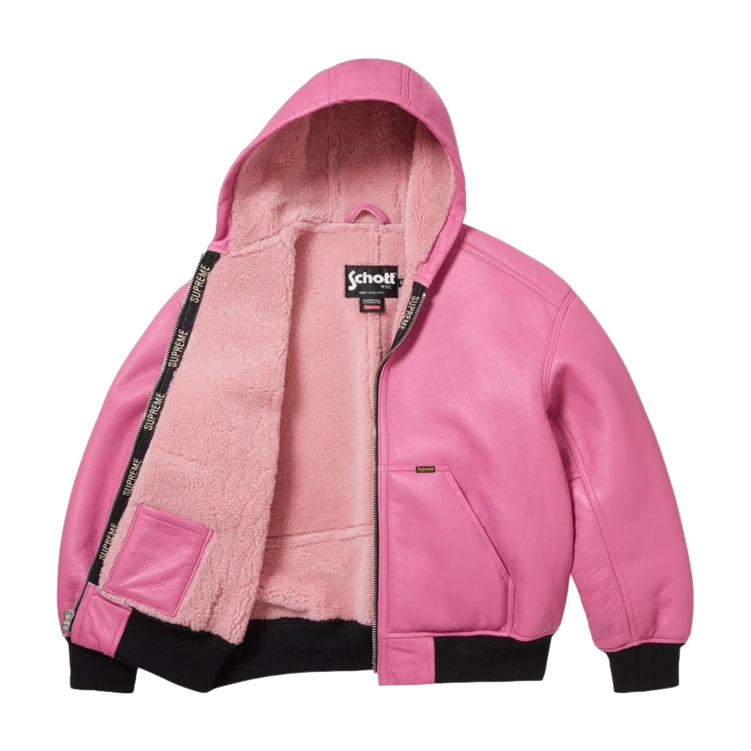 Рабочая куртка Supreme FW25 x Schott с капюшоном из овчины, розовая — фото 2