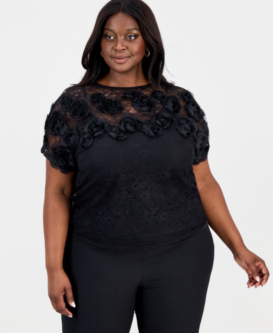 

Топ больших размеров с кружевной отделкой в виде розочек Anne Klein, Anne Black