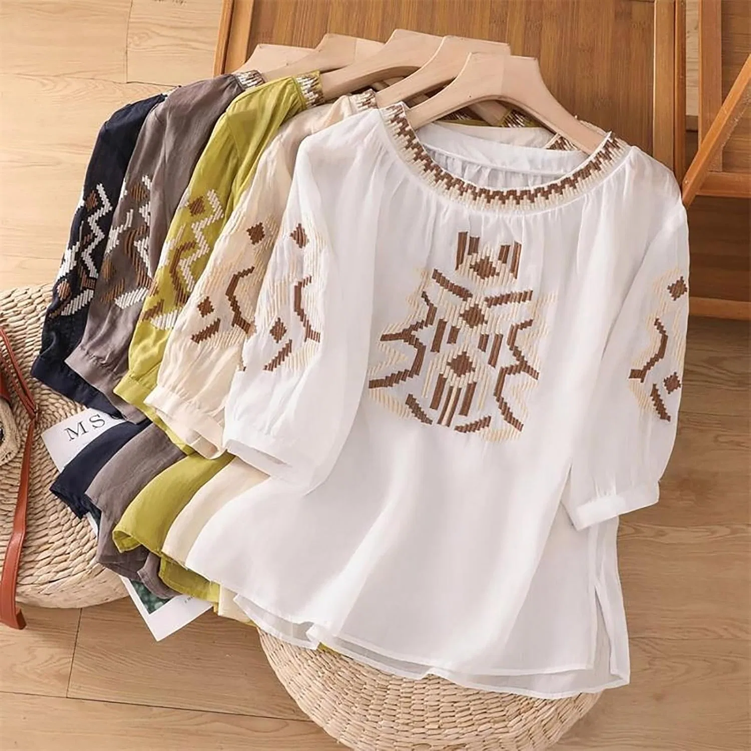 Блуза из льна и хлопка с длинным рукавом 7/8, свободная, Linen Shirts for Women, белый — фото 4