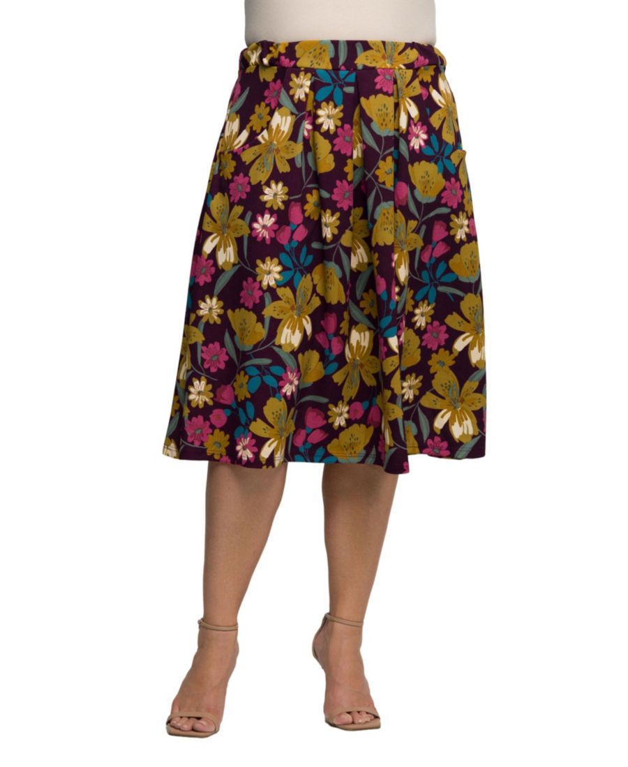 

Миди-юбка большого размера с цветочным принтом, фиолетовым верхом и эластичным поясом с карманами 24seven Comfort Apparel, Multi