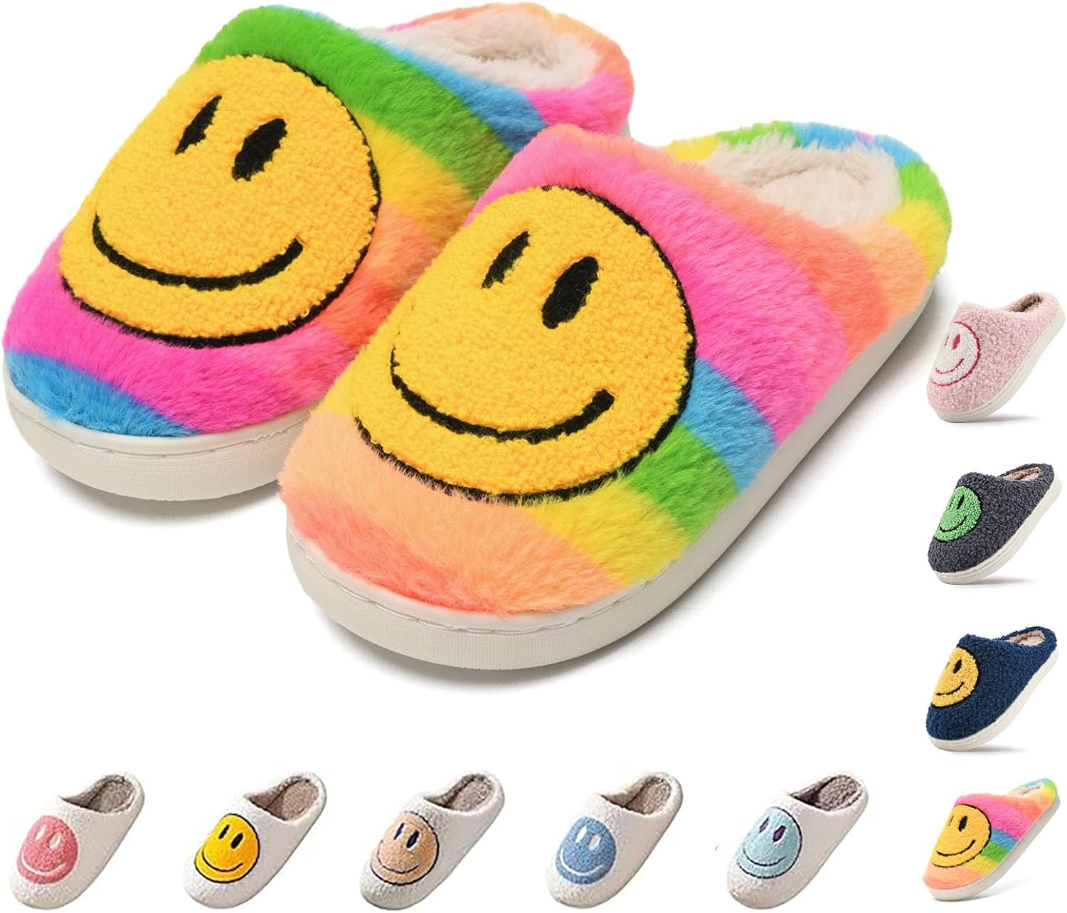 

Милые детские плюшевые тапочки с улыбающимся личиком- нескользящие, теплые, для дома и улицы Soofylia, Rainbow