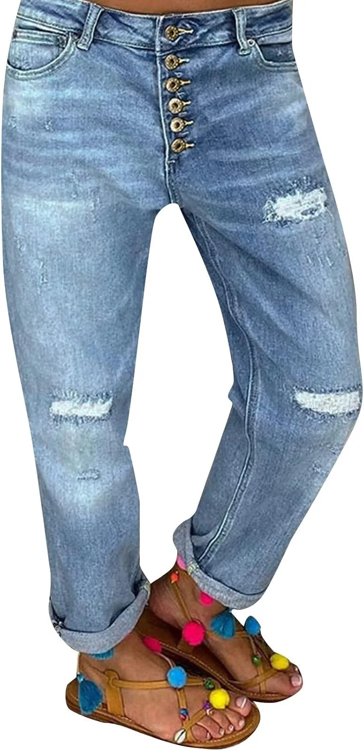 

Женские джинсы Distressed с высокой талией, потертые и с дырками JOFOW