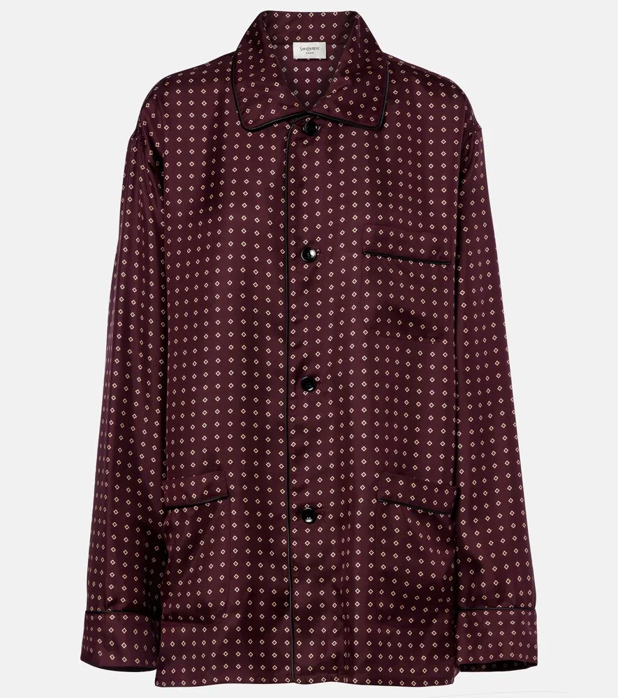 Пижамная рубашка из набивного шелкового атласа Saint Laurent, бургунди