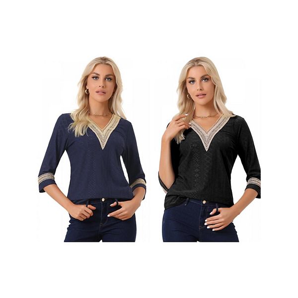 

2 упаковки женского топа с V-образным вырезом, контрастным цветом и кружевной отделкой в стиле бохо Inspire Chic, Navy Blue Black
