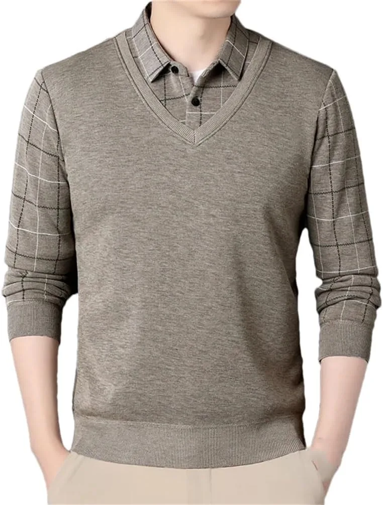 

Мужской свитер с воротником-лацканом и клетчатым принтом