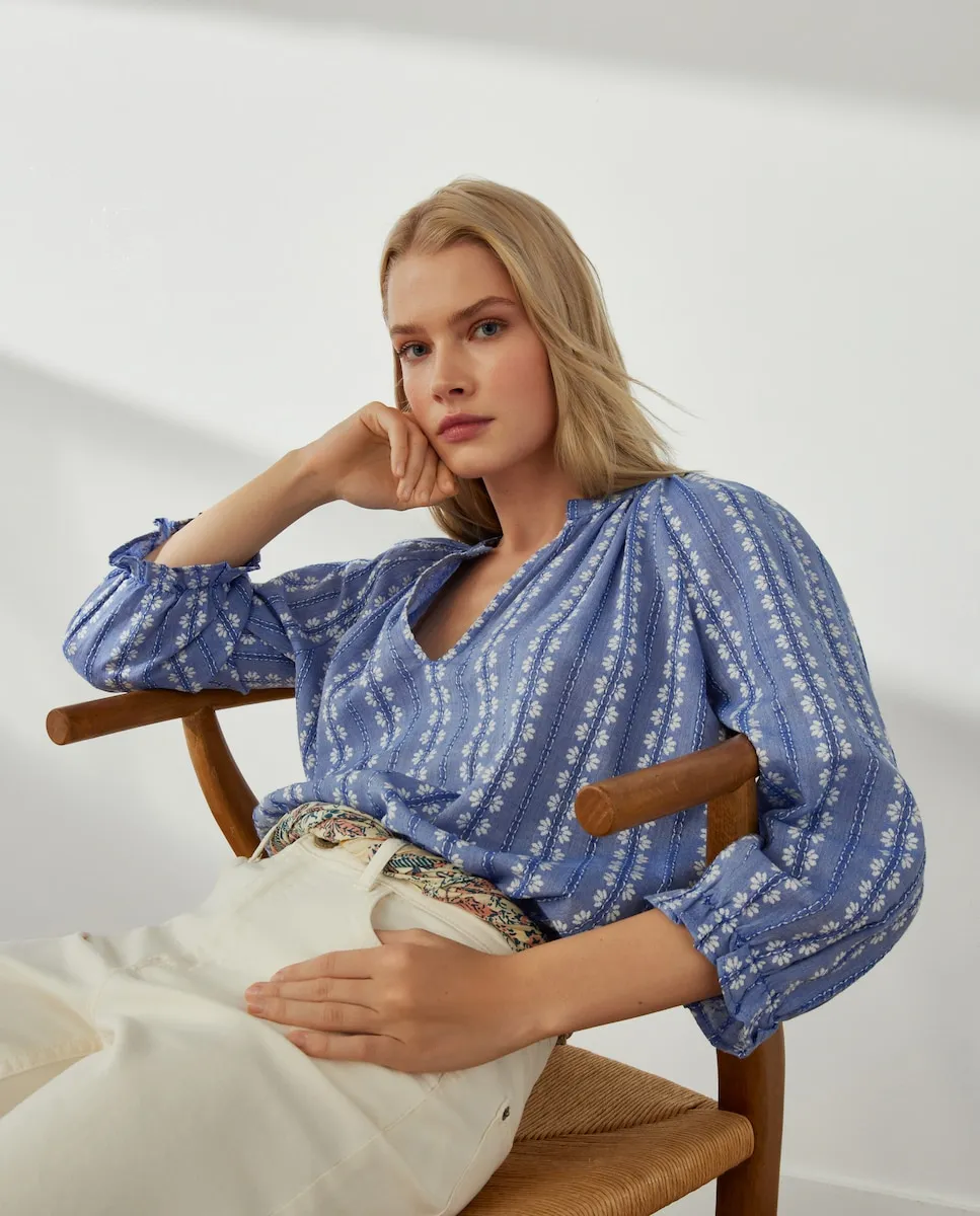 

Вышитая полосатая блузка-рубашка Southern Cotton, синий