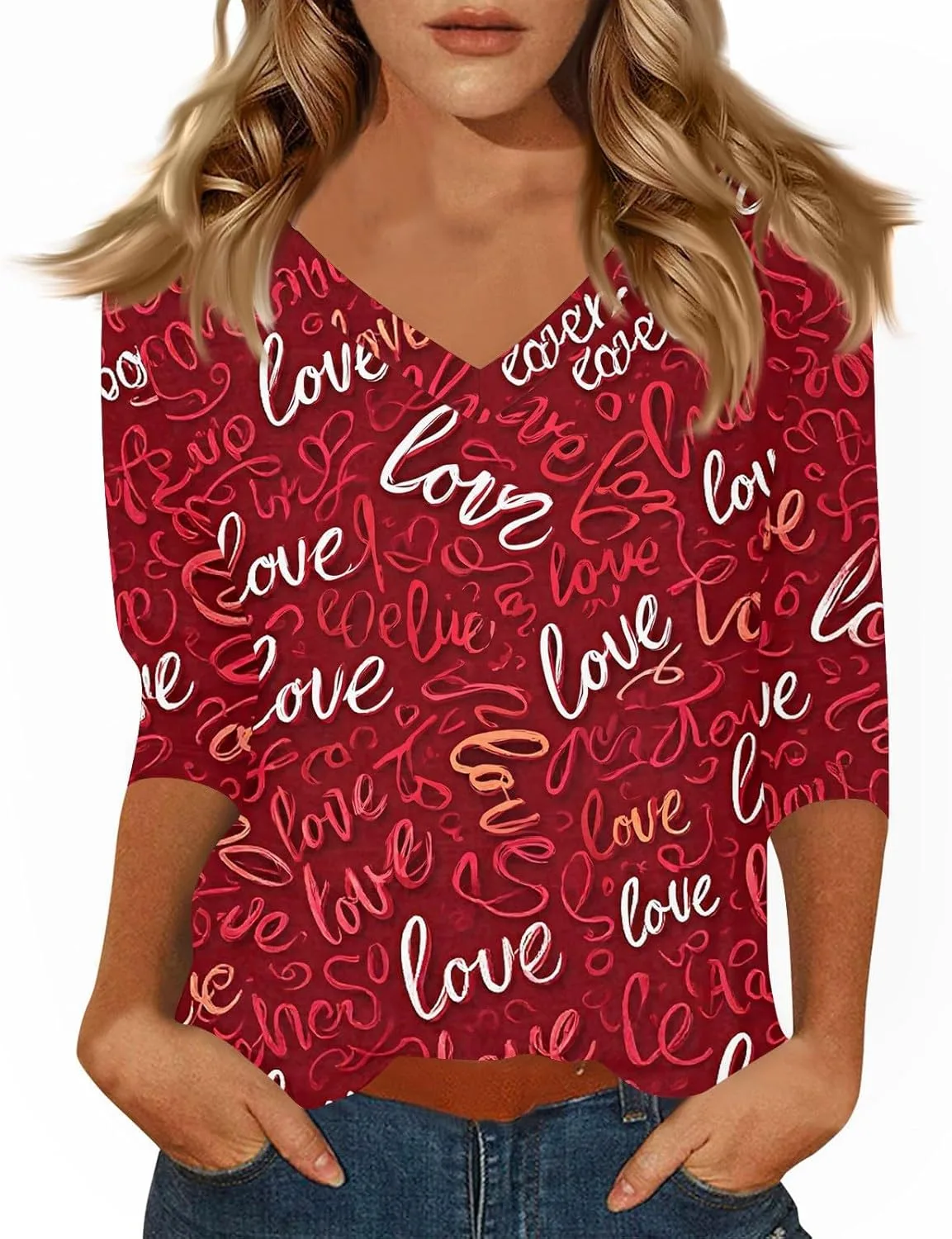 

Женская футболка-туника с принтом, 3/4 рукава, V-образный вырез