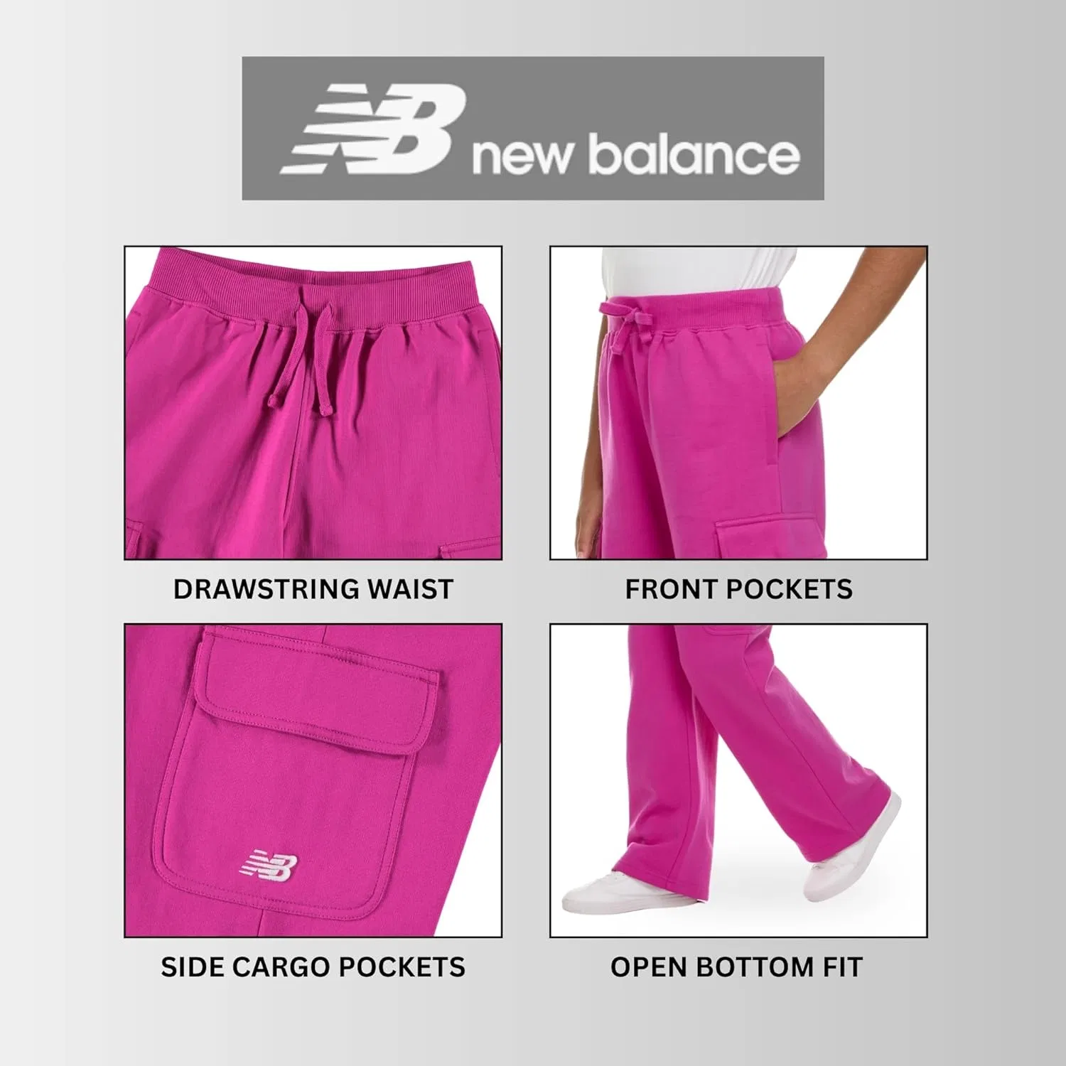 Детские спортивные штаны-карго New Balance - из мягкой хлопковой флисовой ткани, с широкими штанинами, открытым низом и завязками, размеры 4-16, Magenta — фото 3