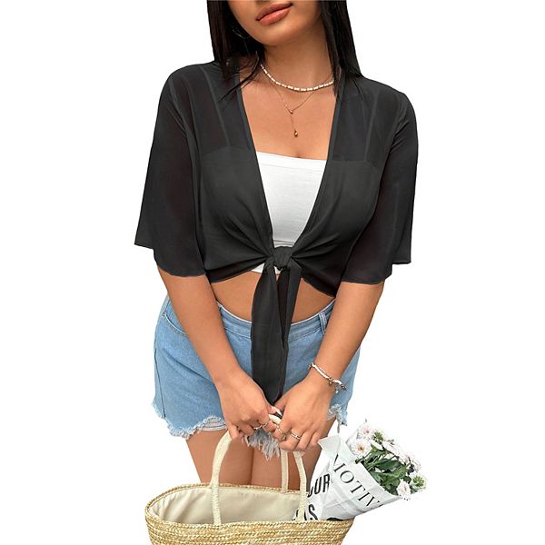 

Женский плюс сайз шифоновый болеро с коротким рукавом и завязкой спереди Elitechoice, Black