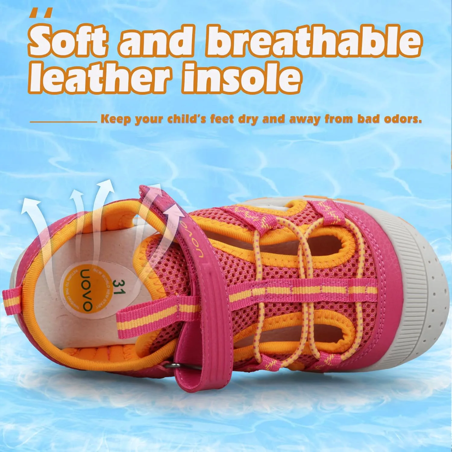 Детские сандалии UOVO для мальчиков, походные спортивные с закрытым носком, пляжные летние сандалии для мальчиков, быстросохнущие, розовый/оранжевый — фото 3