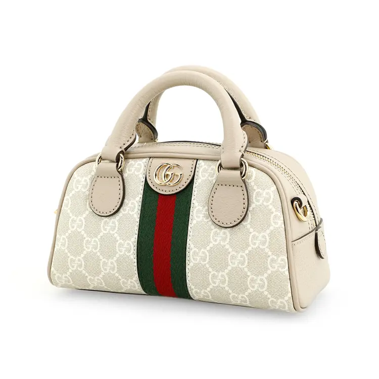 Женская мини-сумка кросс-боди GUCCI Ophidia из канваса с кожаной отделкой, бежевая — фото 3