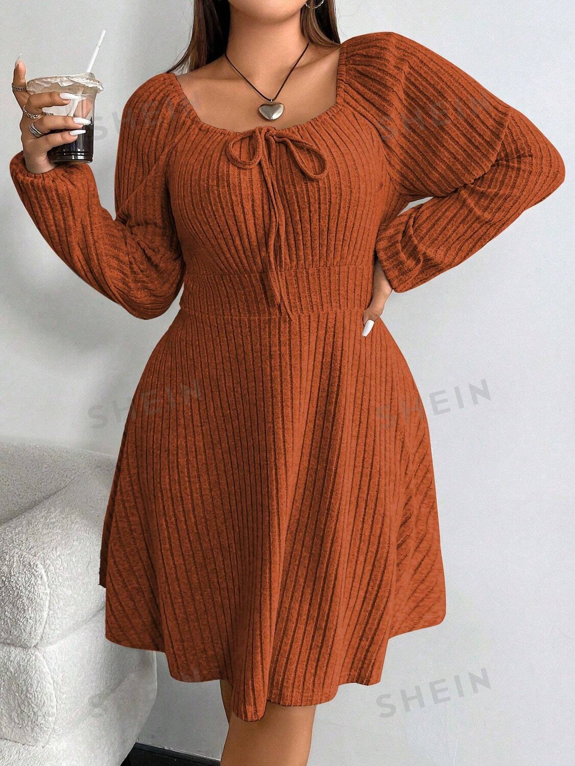 

EZwear Plus Платье с узлом спереди и рукавами-фонариками Shein, апельсиновый