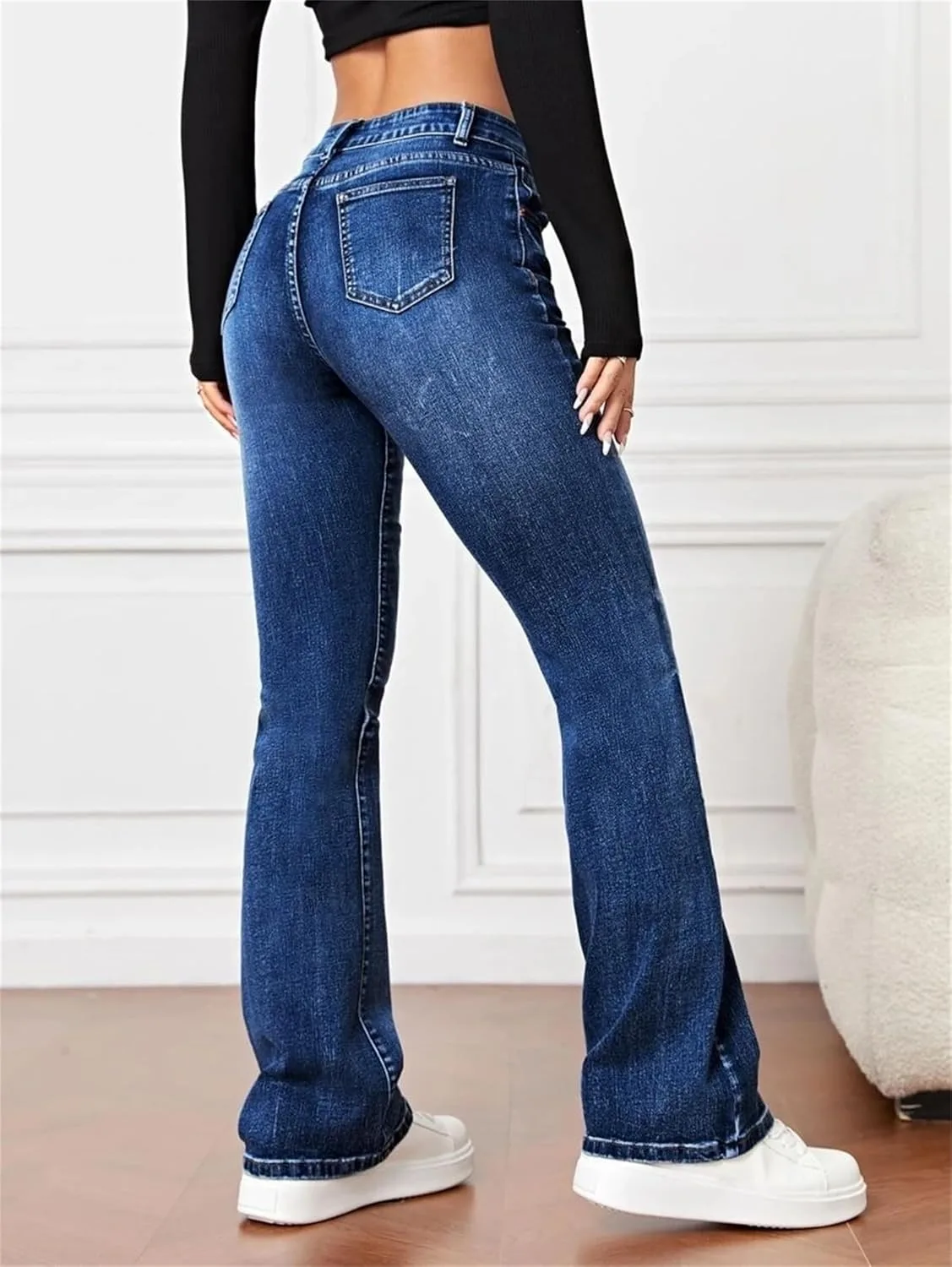 Andongnywell женские базовые джинсы bootcut mid rise stretch slim wide legs с карманами — фото 3