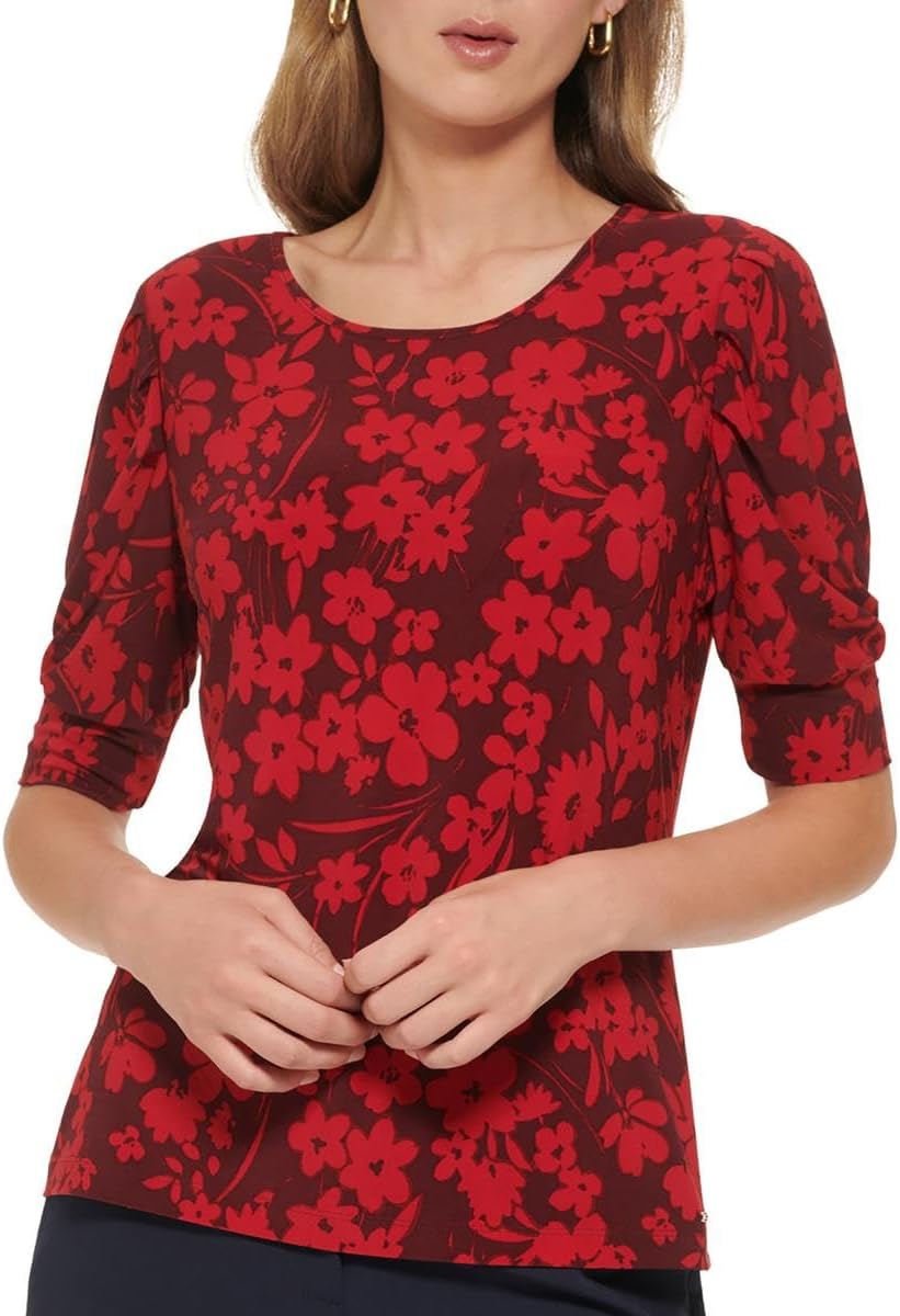 

Женский топ с цветочным принтом и рукавами-буфами Tommy Hilfiger, Winetasting/Chili Pepper