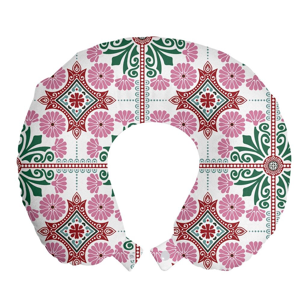 

Подушка для путешествий ABAKUHAUS Flowers, поддержка шеи, мозаичная плитка, цветочное искусство, пенопластовые дорожные принадлежности для самолета и автомобиля, 30x30 см, нефритовый зеленый, бледно-фуксия