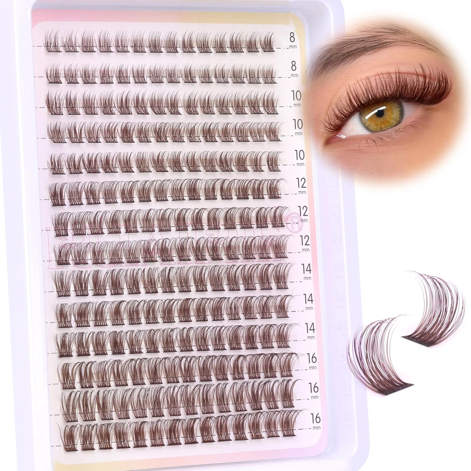 Набор коричневых пучковых ресниц «Wispy Individual Lashes Cluster D Curl» от Ruairie, 8-16 мм, 196 шт. Ruairie