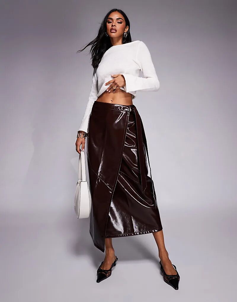 

Юбка миди с запахом из блестящей искусственной кожи ASOS DESIGN бордового цвета