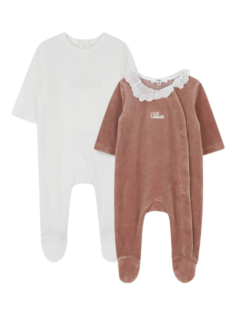 Бархатная пижама с кружевным воротником Chloé Kids, розовый — фото 2