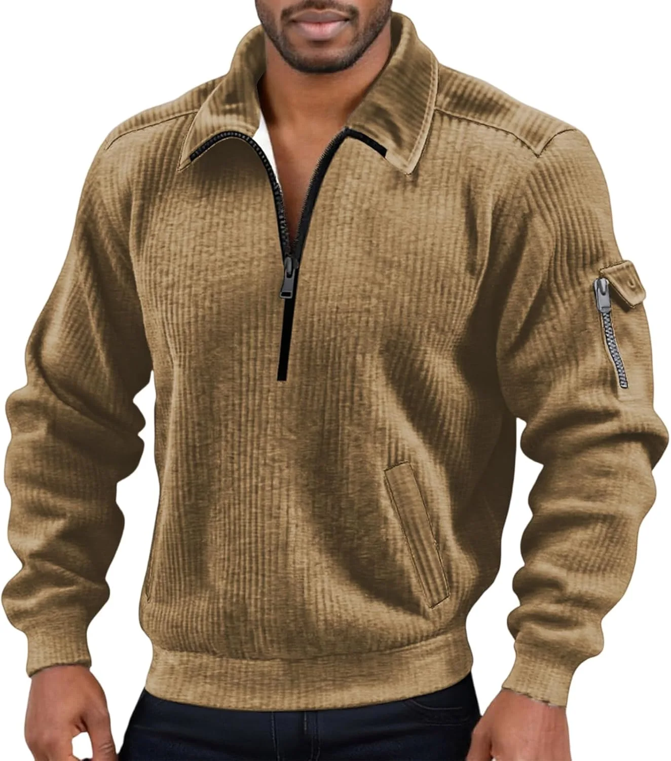 

Мужской свитер с ребристым полузастежкой, длинным рукавом и воротником стойкой FQZWONG