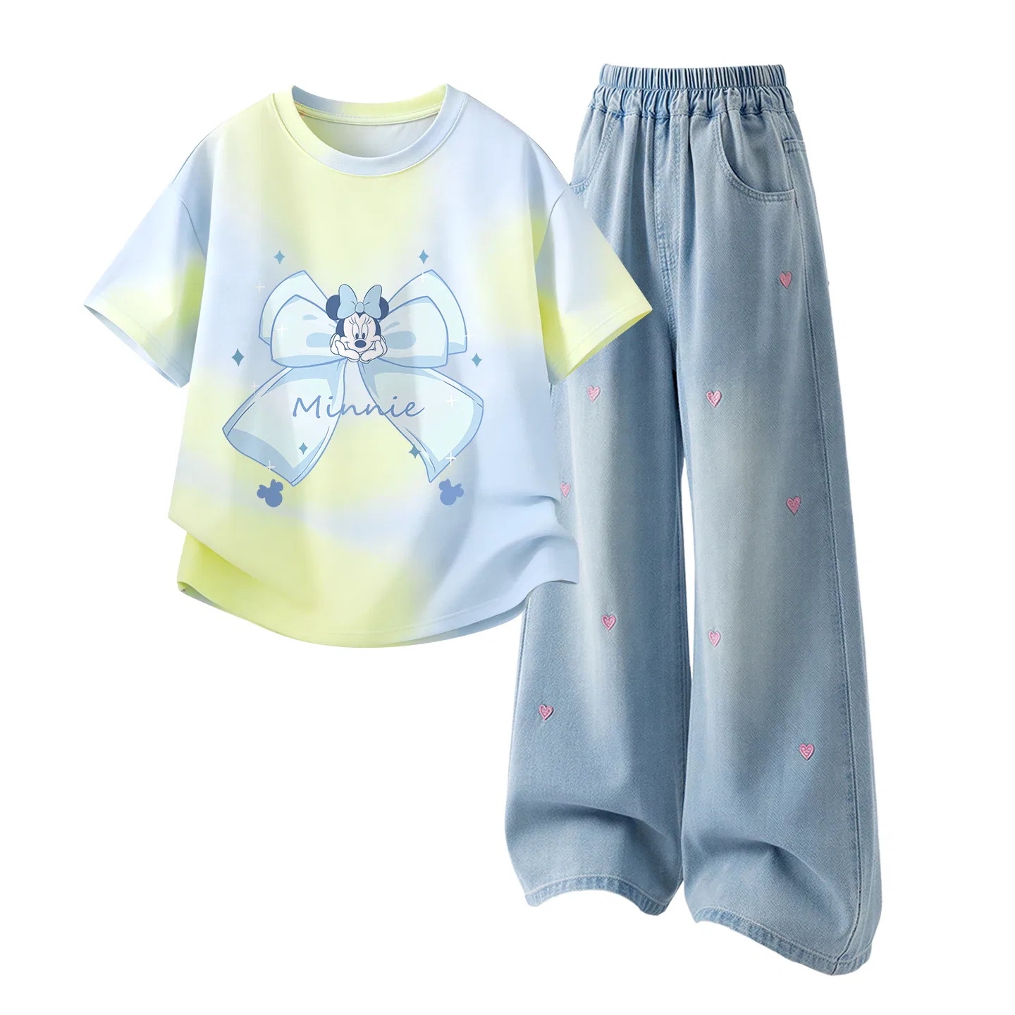 Детская повседневная спортивная футболка с круглым вырезом Disney, Di Meng Cloud Blue+Solid Color Denim Light Blue