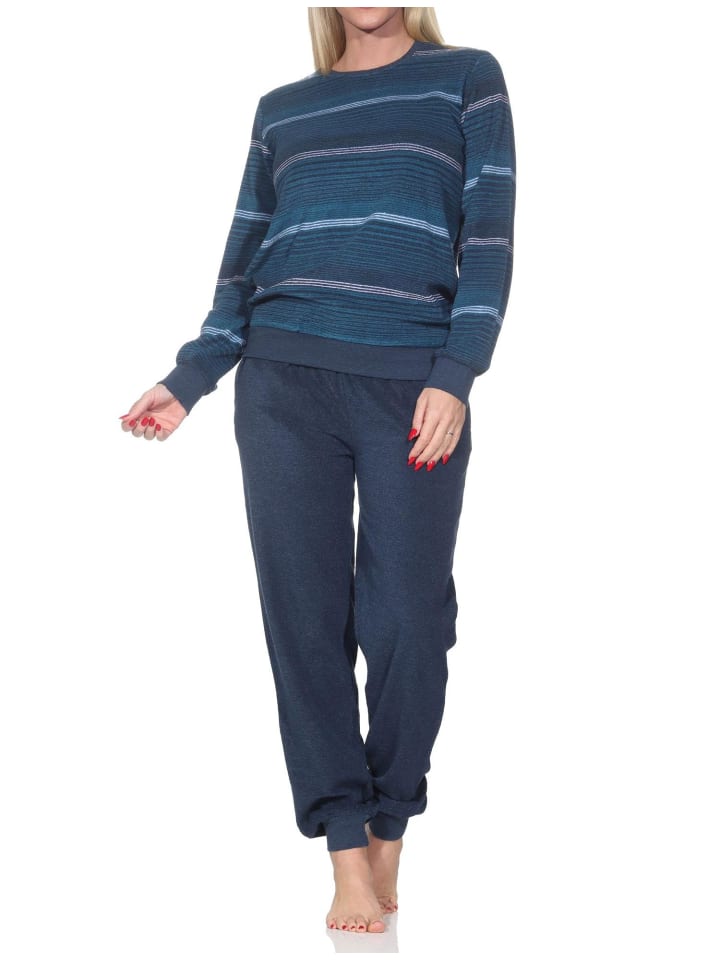 

NORMANN Пижама из махровой ткани, с длинными рукавами и манжетами, в полоску, синего цвета